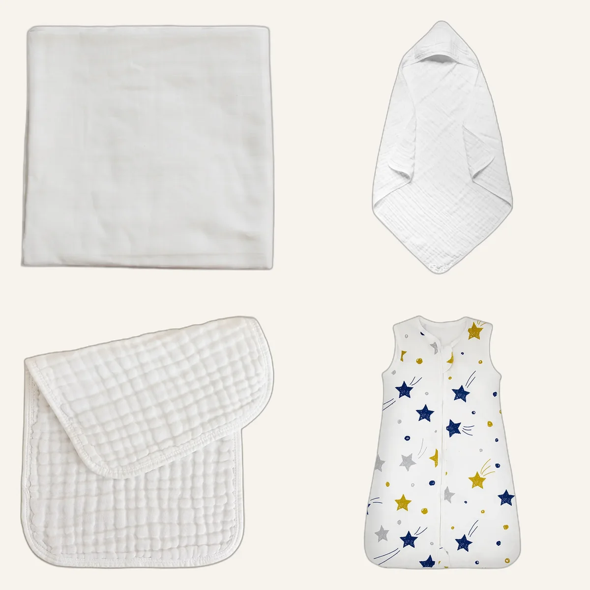 Coffret naissance : lange, cape de bain, langes et gigoteuse blancs
