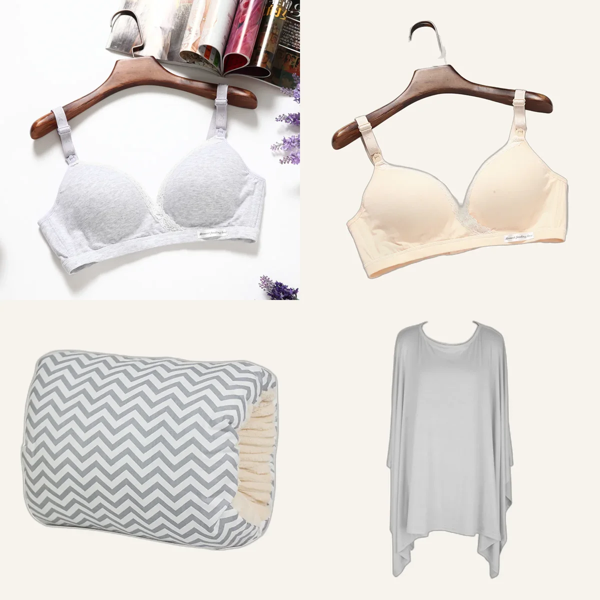Pack allaitement : deux soutiens-gorge, coussin de bras, cape et langes