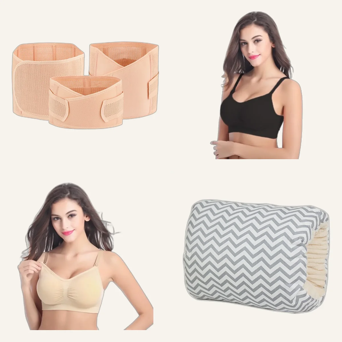Pack post-partum : gaine, deux soutiens-gorge d’allaitement et coussin de bras