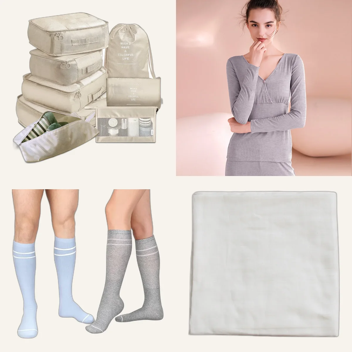 Pack valise de maternité : organiseur, pyjama, chaussettes, lange et gigoteuse