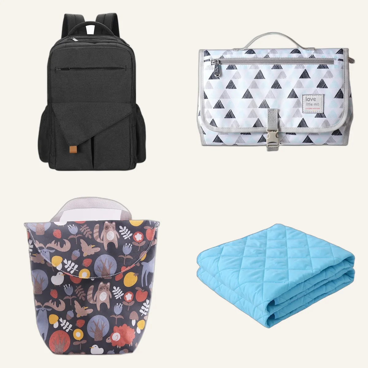 Pack sortie : sac à dos, pochette à langer, pochette imperméable et alèse