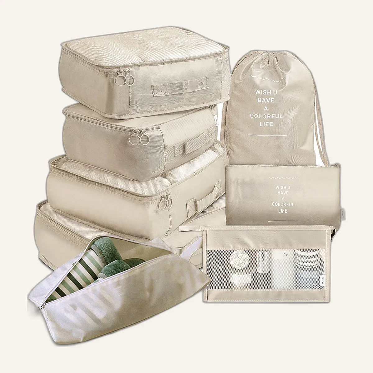 Ensemble de 8 cubes de rangement beige empilés
